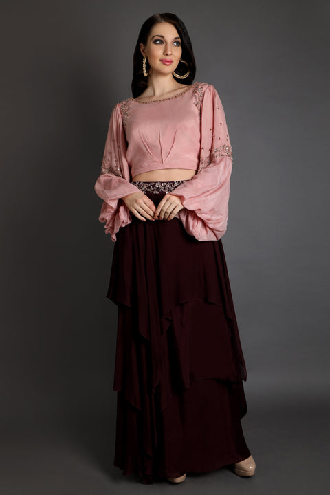 Wine poncho top with layered skirt.