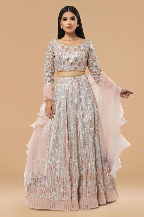 Baby pink full hand embroidered lehenga with matching crop top and dupatta set.