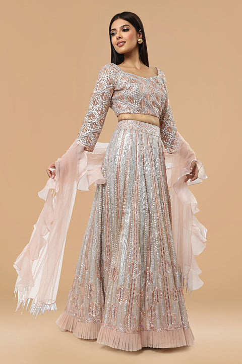 Baby pink full hand embroidered lehenga with matching crop top and dupatta set.