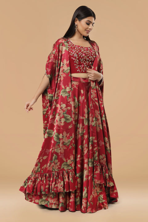 Maroon floral print skirt with crop top and cape set.