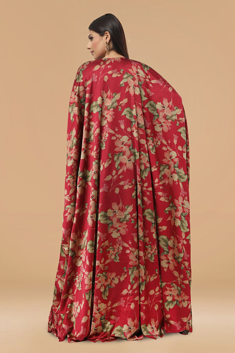 Maroon floral print skirt with crop top and cape set.