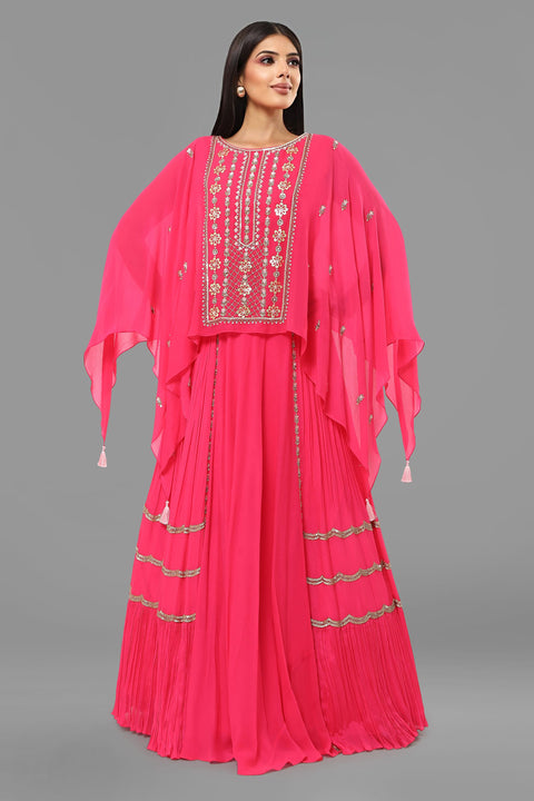 Hot pink flow top with flared gathered skirt set.