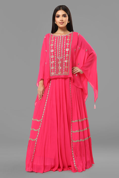 Hot pink flow top with flared gathered skirt set.