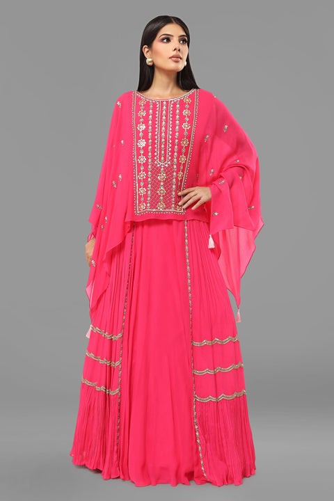 Hot pink flow top with flared gathered skirt set.