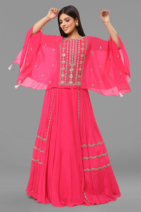 Hot pink flow top with flared gathered skirt set.