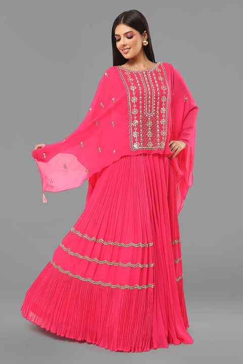 Hot pink flow top with flared gathered skirt set.