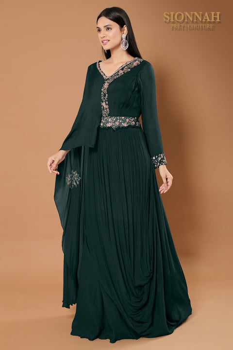 Bottle green Side drape green gown.