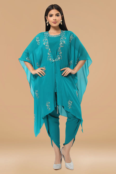 Turquoise blue tunic with handkerchief jacket and dhoti pants.