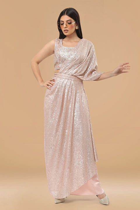 Peach crop top, pallazo and a overlap set.