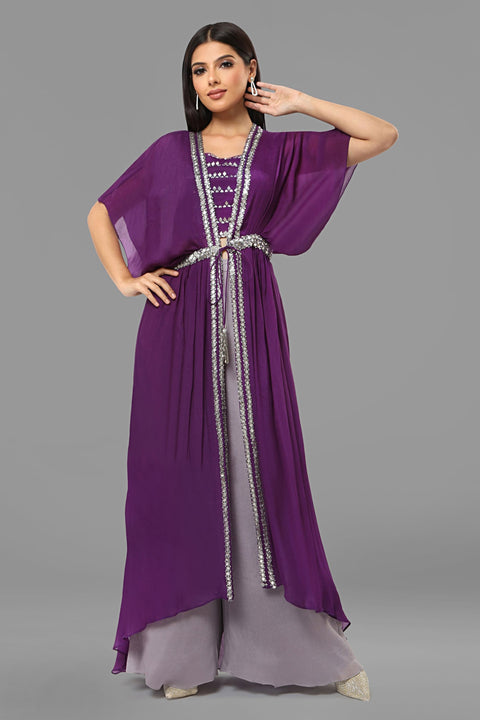 Purple crepe crop top with jacket and flared pallazo.