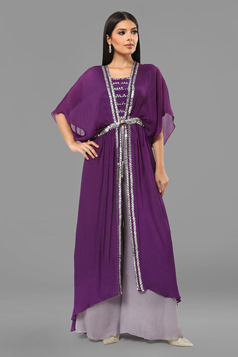 Purple crepe crop top with jacket and flared pallazo.