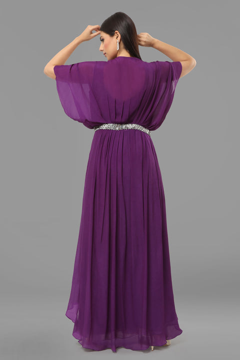 Purple crepe crop top with jacket and flared pallazo.