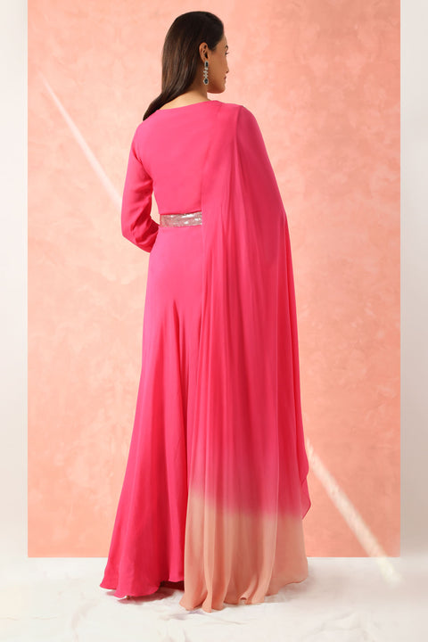 Fuchsia pink cowl drape tunic with matching pallazo.