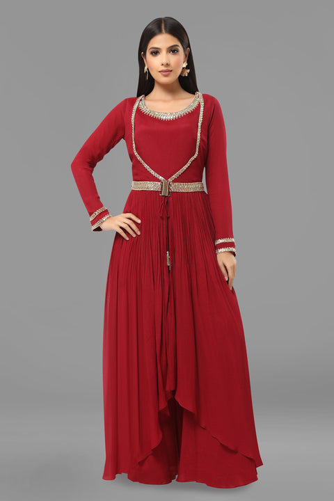 Maroon crepe tunic with flared pallazo.
