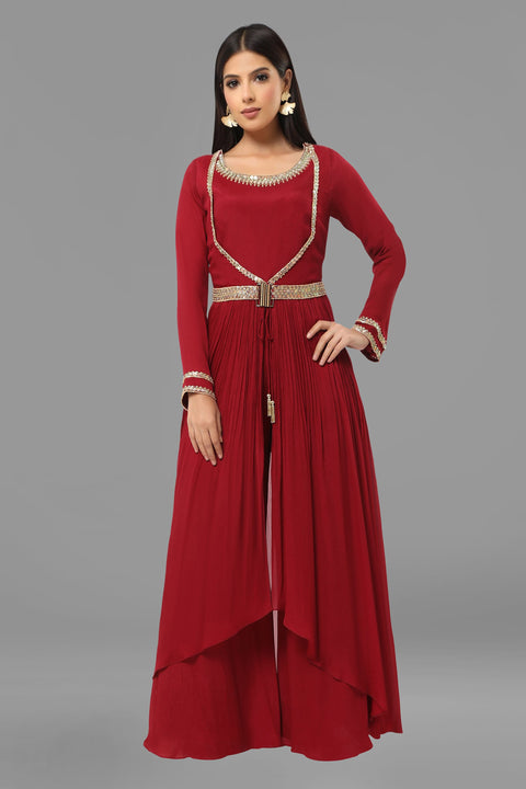 Maroon crepe tunic with flared pallazo.