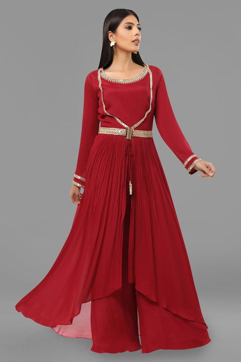 Maroon crepe tunic with flared pallazo.