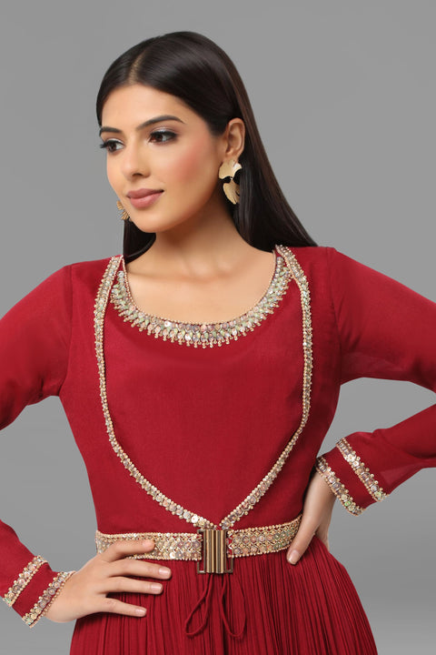 Maroon crepe tunic with flared pallazo.