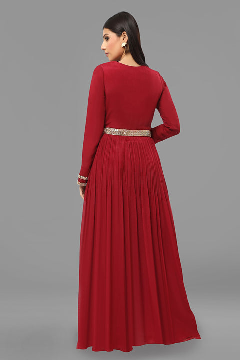 Maroon crepe tunic with flared pallazo.