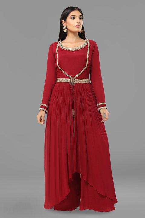 Maroon crepe tunic with flared pallazo.