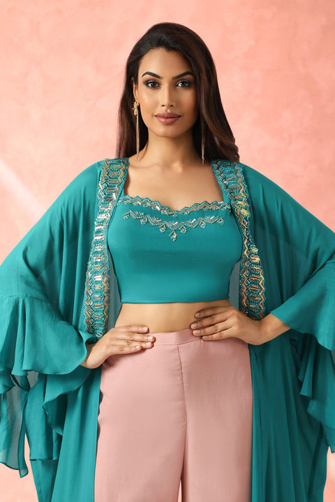 Teal green jacket with crop and contrast pallazo set.