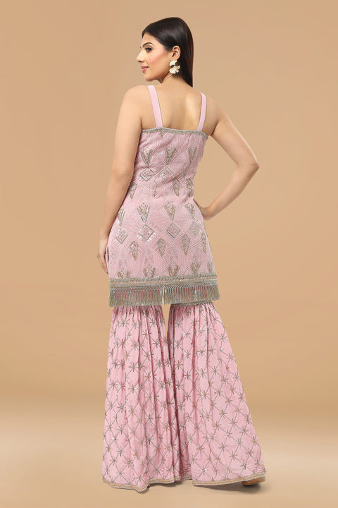 Onion pink textured fabric kurta with gharara and dupatta.