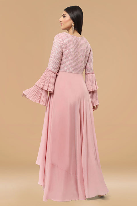 Mauve pink textured fabric and crepe flared and drape A line kurta with pallazo set.
