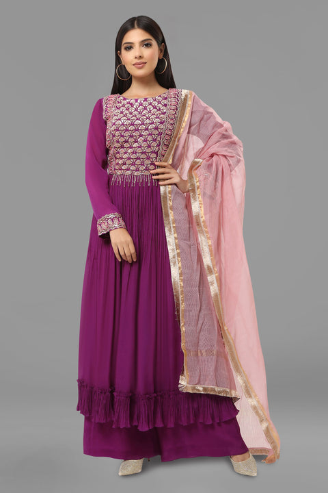 Purple anarkali tunic with flared pallazo and dupatta.