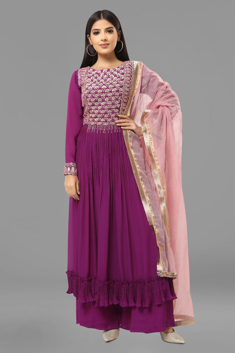 Purple anarkali tunic with flared pallazo and dupatta.