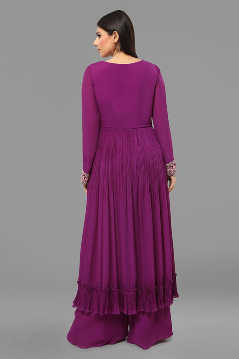 Purple anarkali tunic with flared pallazo and dupatta.