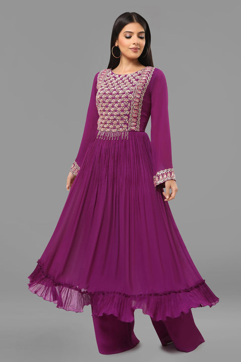 Purple anarkali tunic with flared pallazo and dupatta.