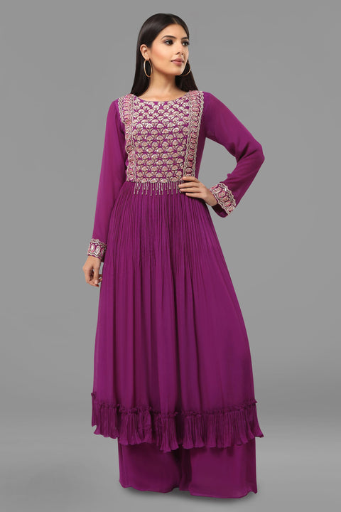 Purple anarkali tunic with flared pallazo and dupatta.