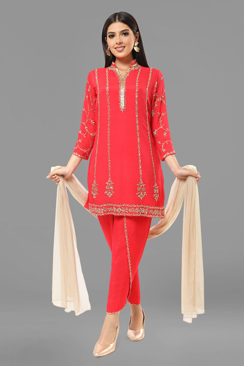 Tomato red a line kurta, over lap pants in crepe and dupatta.