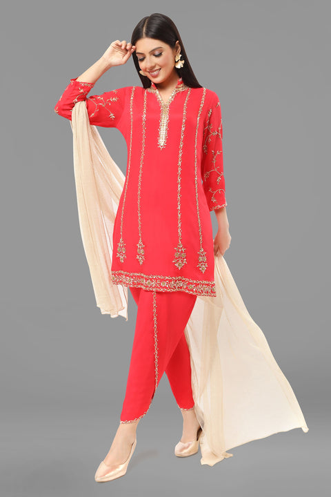 Tomato red a line kurta, over lap pants in crepe and dupatta.