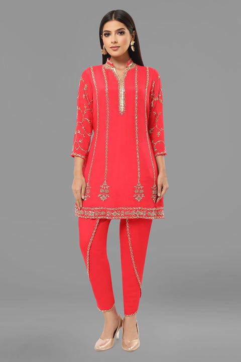 Tomato red a line kurta, over lap pants in crepe and dupatta.