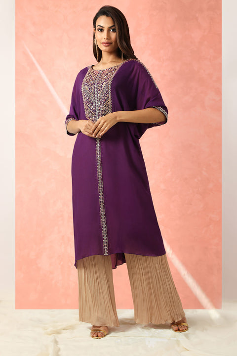 Purple kaftan style tunic with gathered gharara.