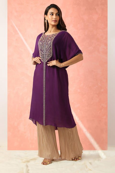 Purple kaftan style tunic with gathered gharara.