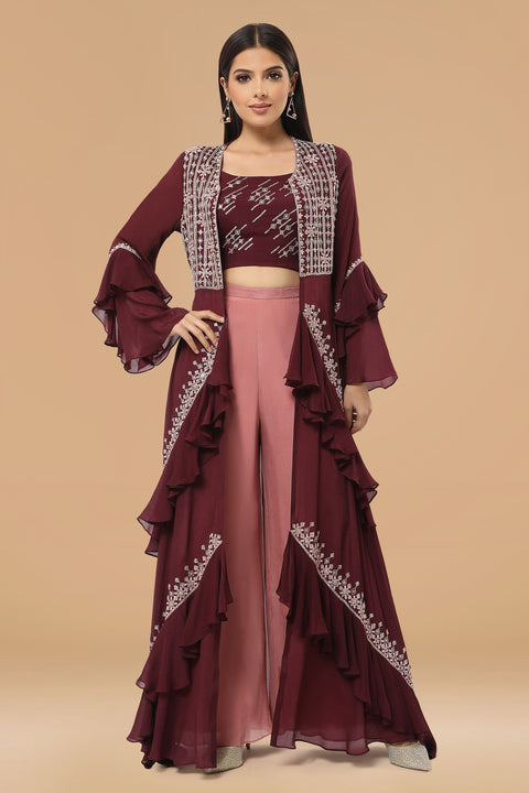 Wine crepe frill jacket with crop top and pallazo.
