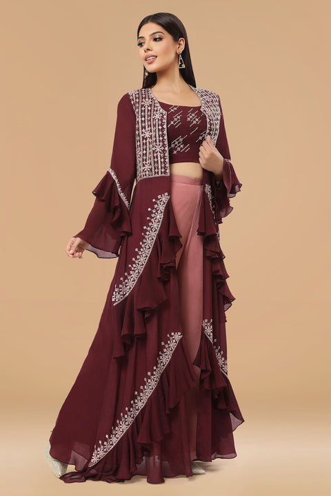 Wine crepe frill jacket with crop top and pallazo.