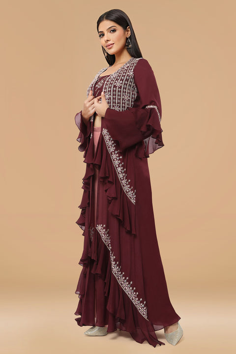 Wine crepe frill jacket with crop top and pallazo.