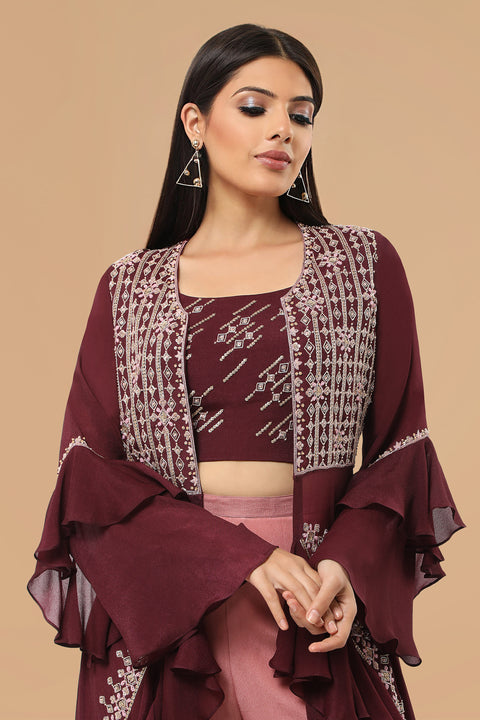 Wine crepe frill jacket with crop top and pallazo.