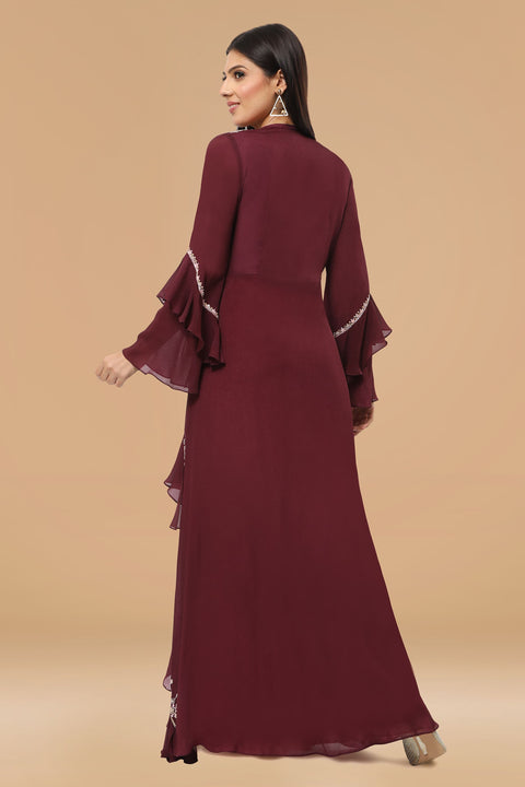 Wine crepe frill jacket with crop top and pallazo.