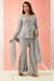 Grey textured fabric highlighted peplum top, flared pants and dupatta.