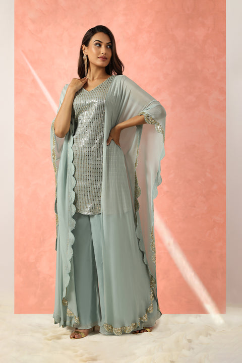 Dusty aqua flare tunic with pallazo.