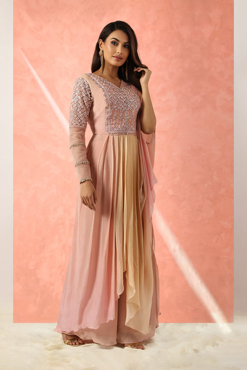 Peach and pink shaded crepe tunic paired with pallazo.