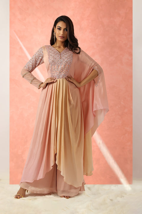 Peach and pink shaded crepe tunic paired with pallazo.