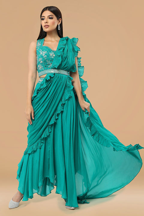 Bright blue crop top, skirt, ruffled dupatta and belt set.