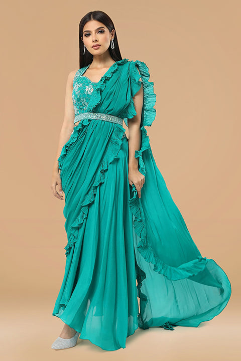 Bright blue crop top, skirt, ruffled dupatta and belt set.