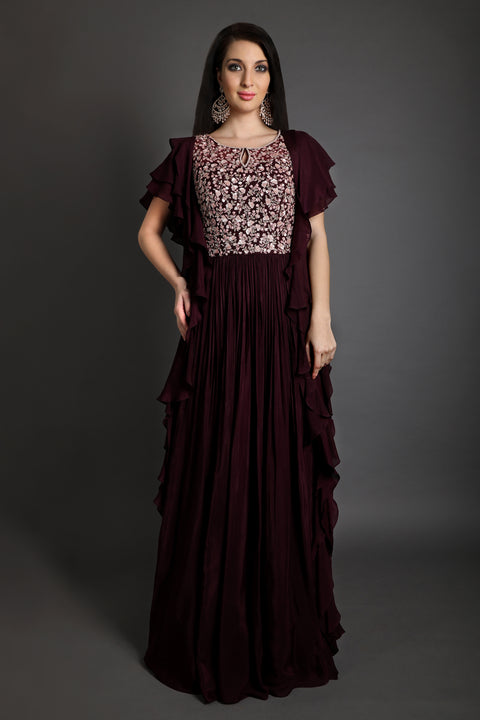 Wine ruffled embroidered Gown.