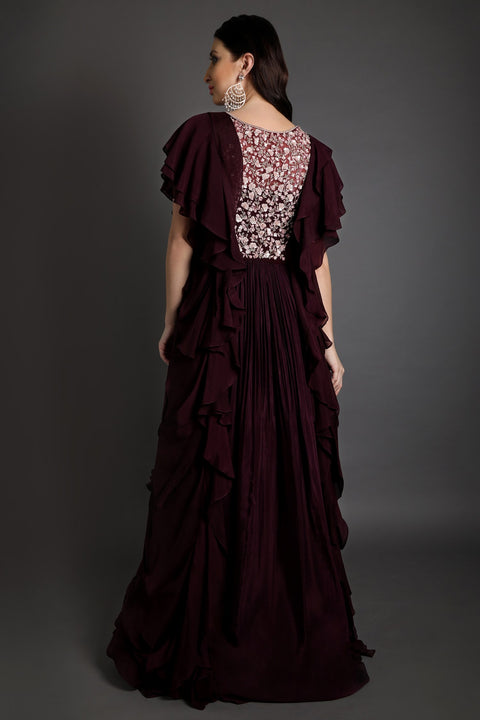 Wine ruffled embroidered Gown.