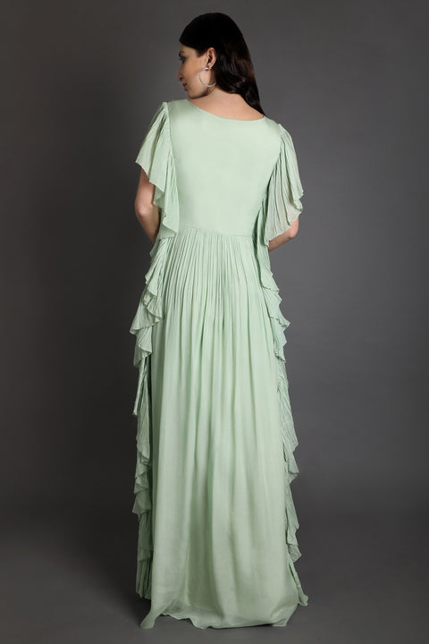 Mint green ruffled gown.